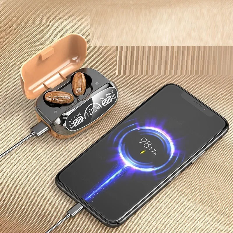M35 wood grain wireless Bluetooth earphones with charging case