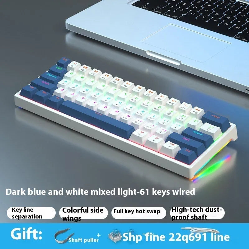 61 key compact mechanical keyboard with multiple colour options including blue-white and dark blue-white orange variants