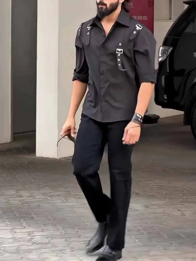 Men's black long sleeve button-up shirt with a regular fit and utility style.