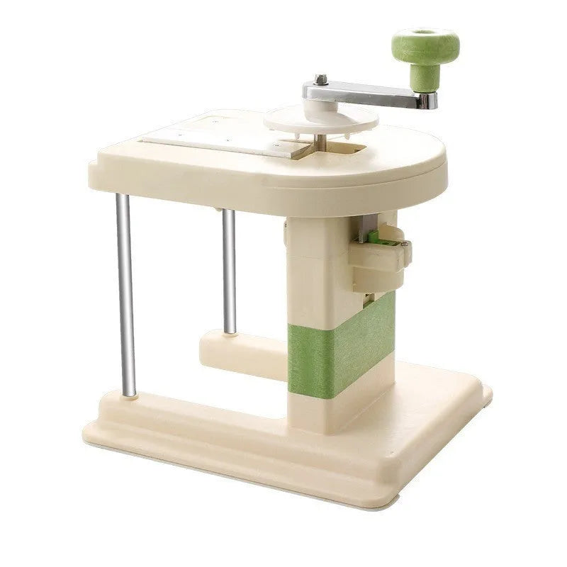 Beige kitchen vegetable slicer chopper tool with stainless steel blades for slicing potatoes and other vegetables