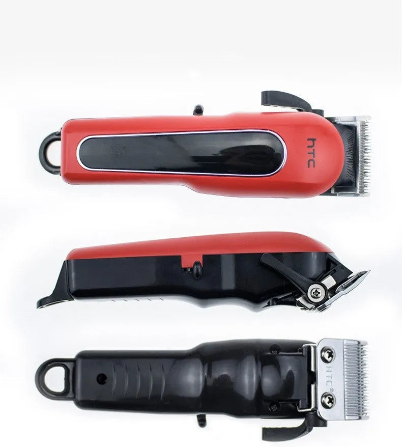 Red rechargeable hair clipper with four attachment combs, a charger, and grooming accessories on a white background.