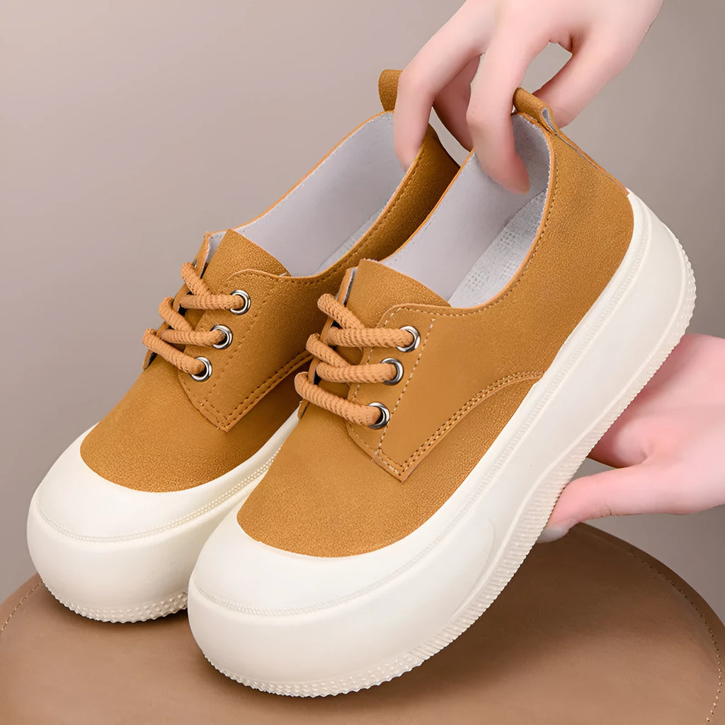 Women's suede platform loafers with 4CM height increase, round toe, and rubber sole in beige, black, and camel colours.