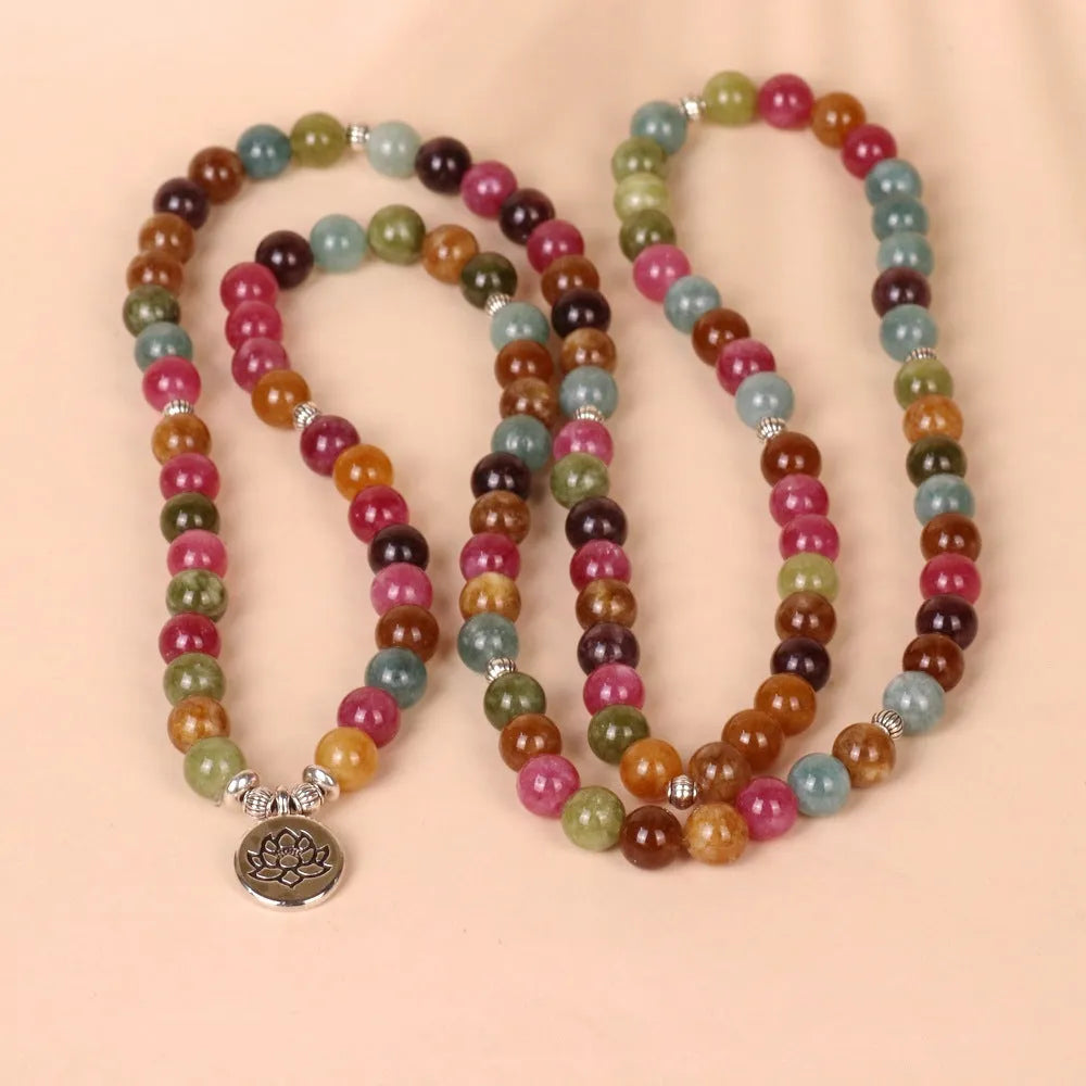 Lotus 108-bead hanging bracelet with multi-layer design in tourmaline colour and alloy construction