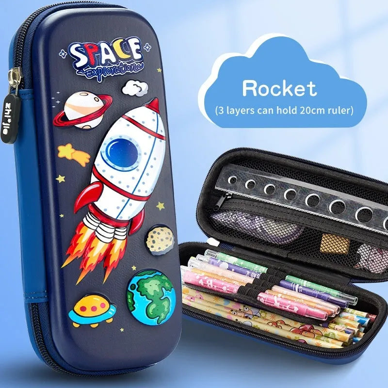 3D leather stationery box pencil case showing detailed spaceship design in black leather.
