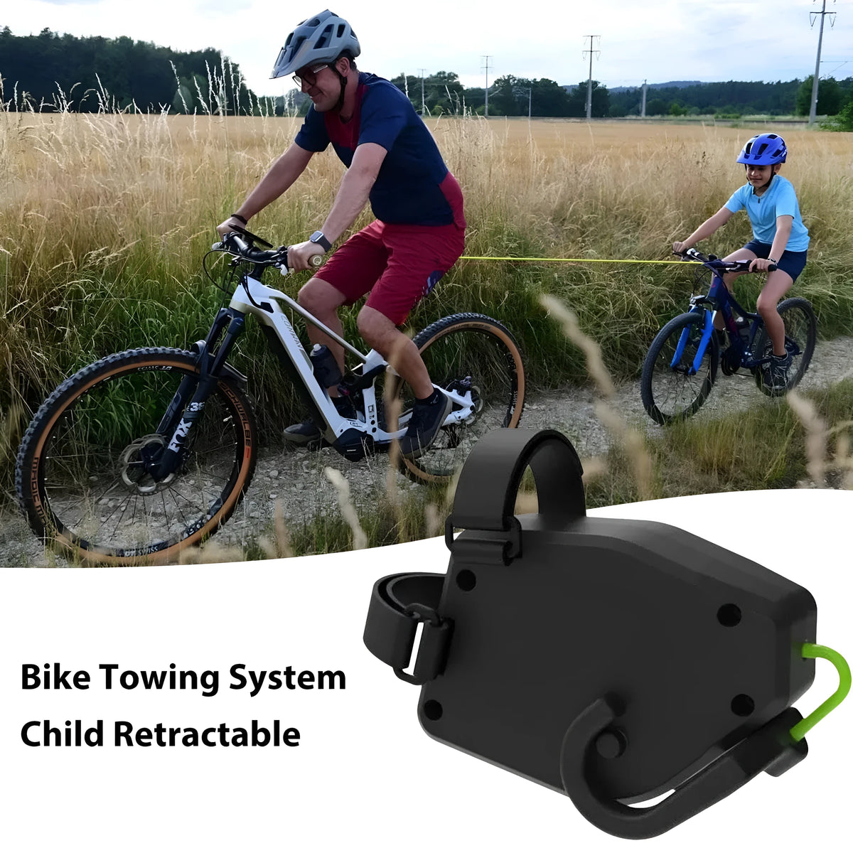 Black plastic bicycle trailer rope connecting mountain bike to child trailer