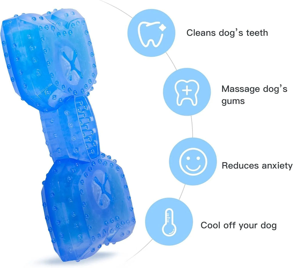 Freezable non-toxic dog teething chew toy with treat filling for cooling and dental care.