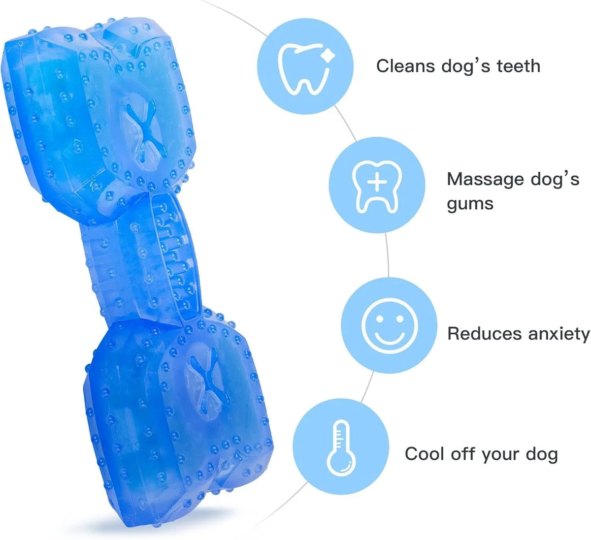 Freezable non-toxic dog teething chew toy with treat filling for cooling and dental care.
