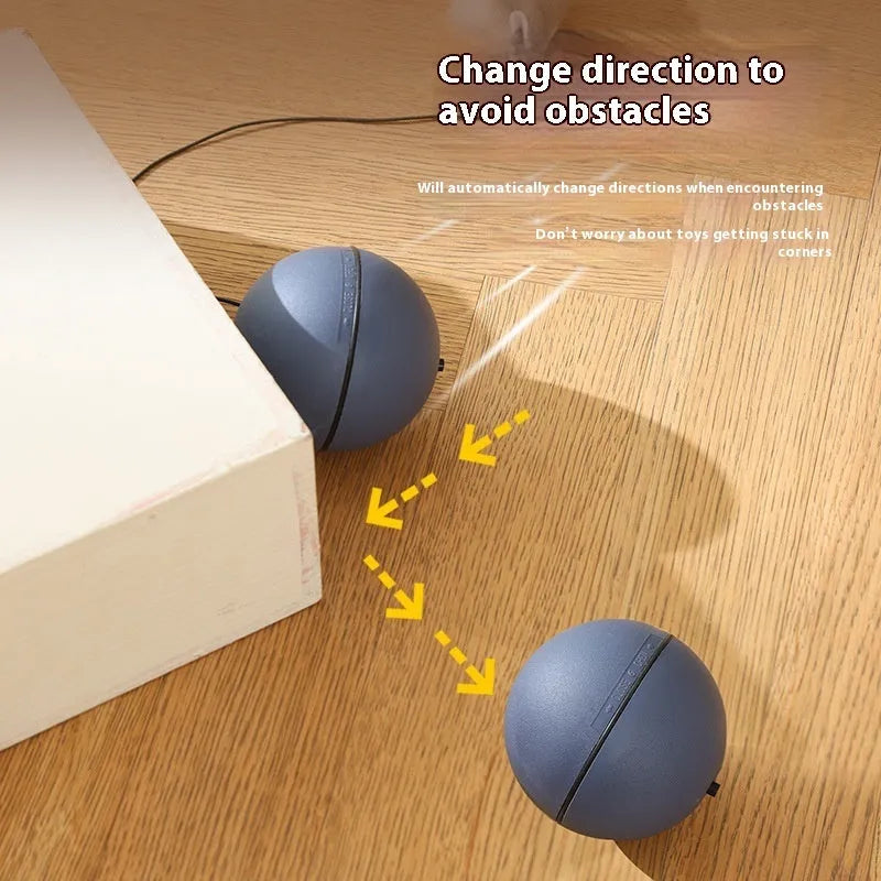 Blue orange and dark grey automatic cat teasing ball toy with plush mouse attachment on floor.