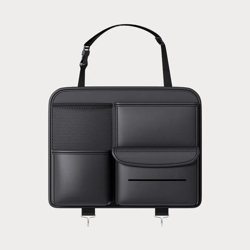Black leather car seat back storage hanging bag with handle in two size options