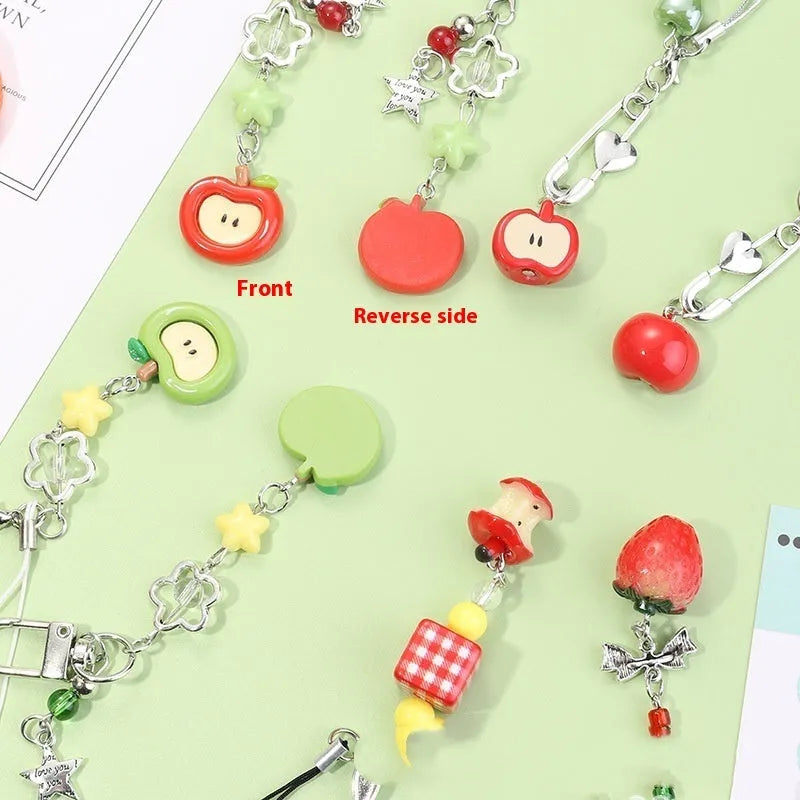 Plastic resin fruit personality mobile phone keychain with apple or strawberry designs