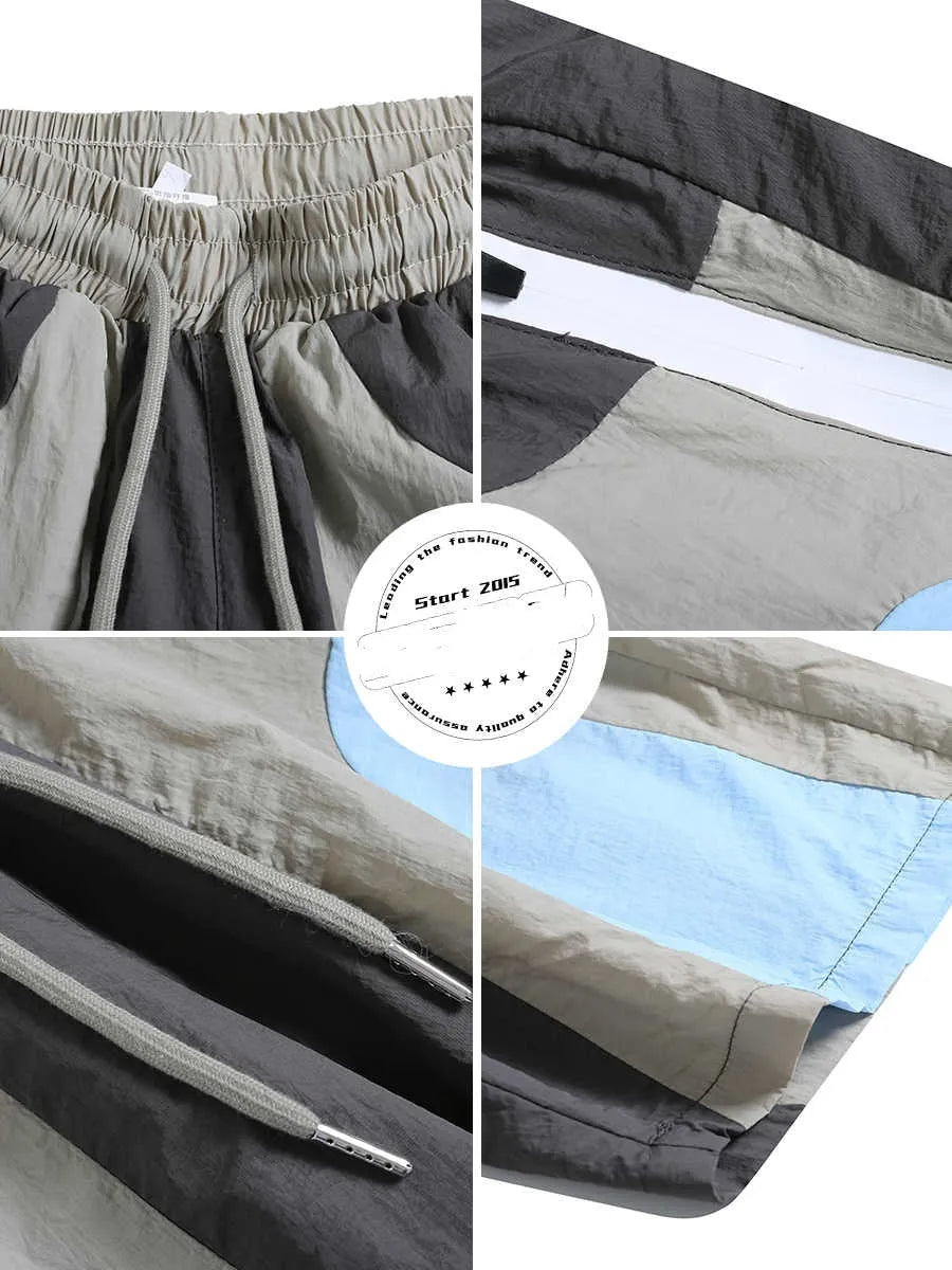 Men's blue patchwork quick-drying sports shorts with loose fit and straight-leg design