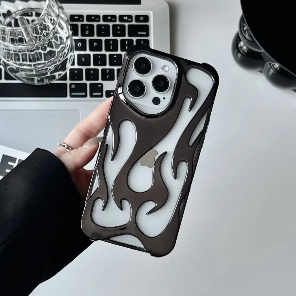 Electroplating hollow flame pattern iPhone case in metallic finish with TPU soft shell protection