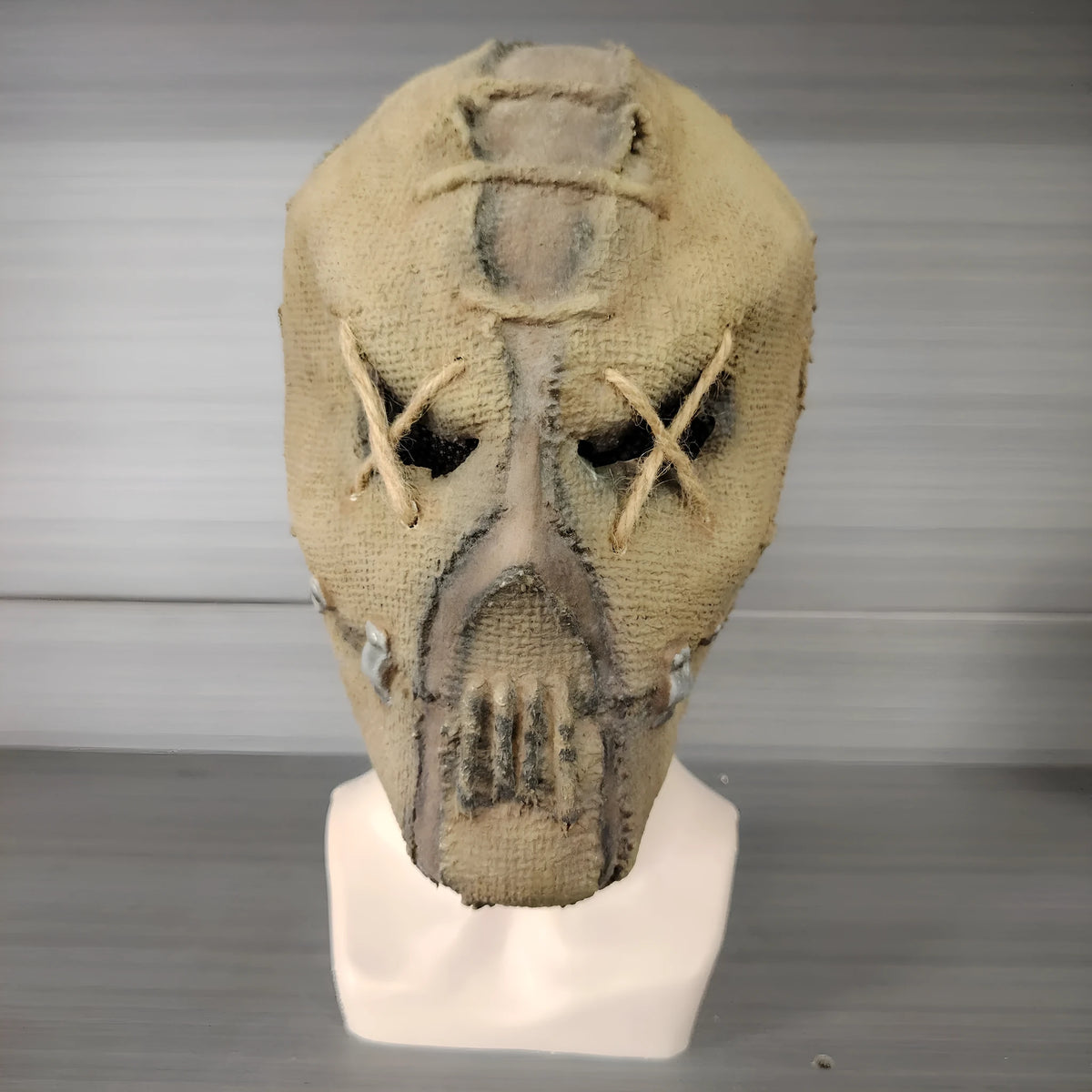 Latex full head horror mask with detailed scar skull design for Halloween costumes.