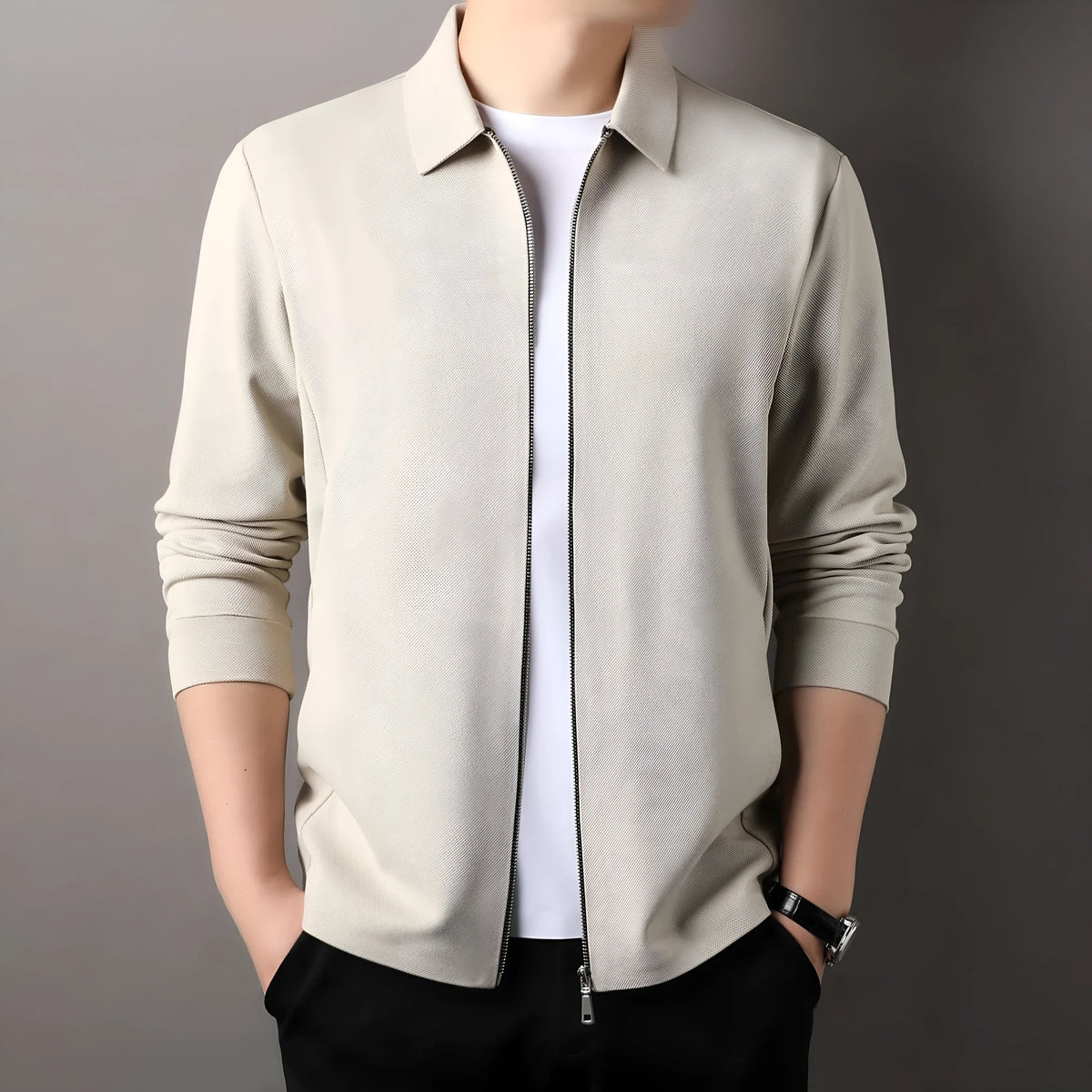 Men's straight hem polyester jacket in apricot, black, and dark grey colours.