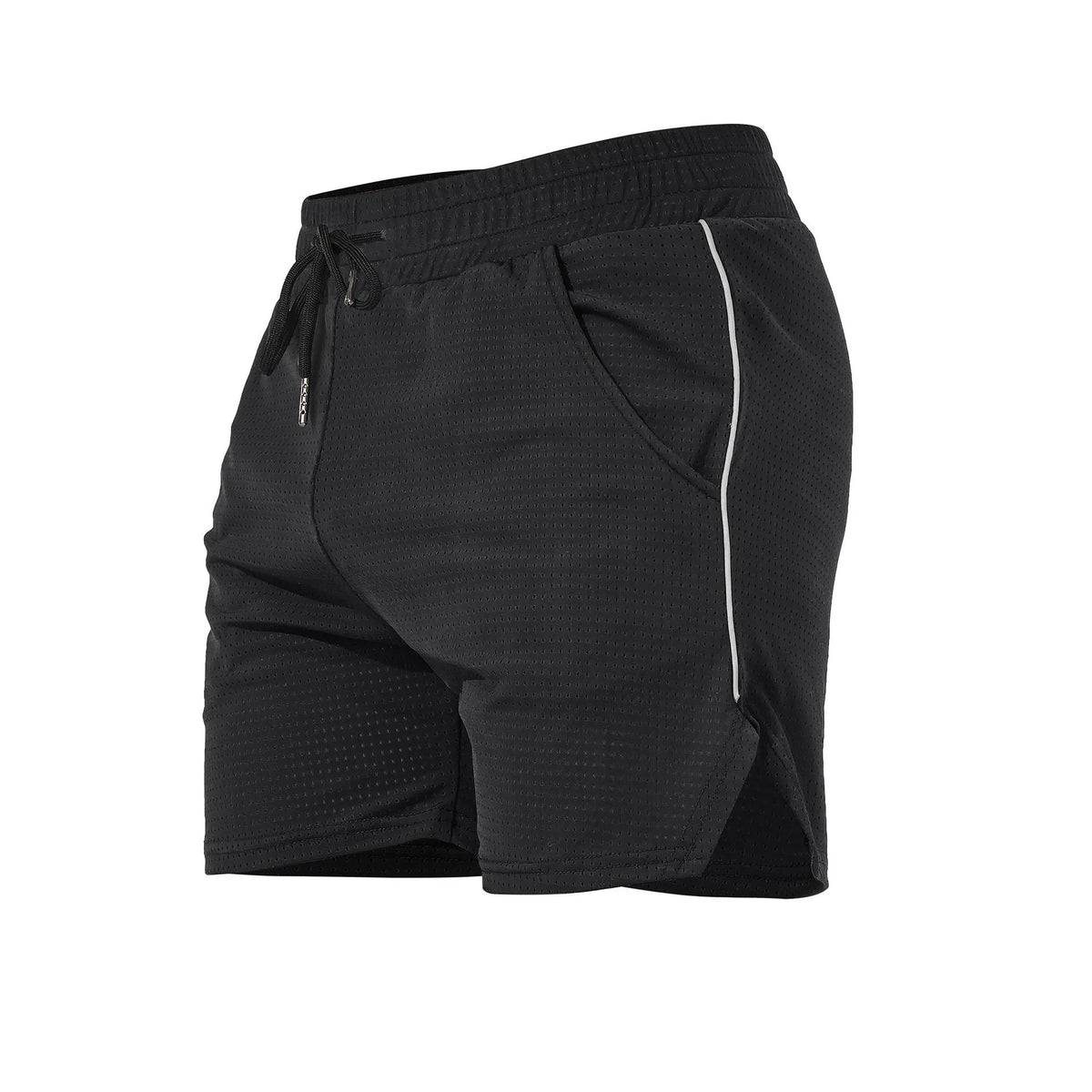 Man wearing straight-leg polyester sports shorts in grey, sizes M to 3XL available.