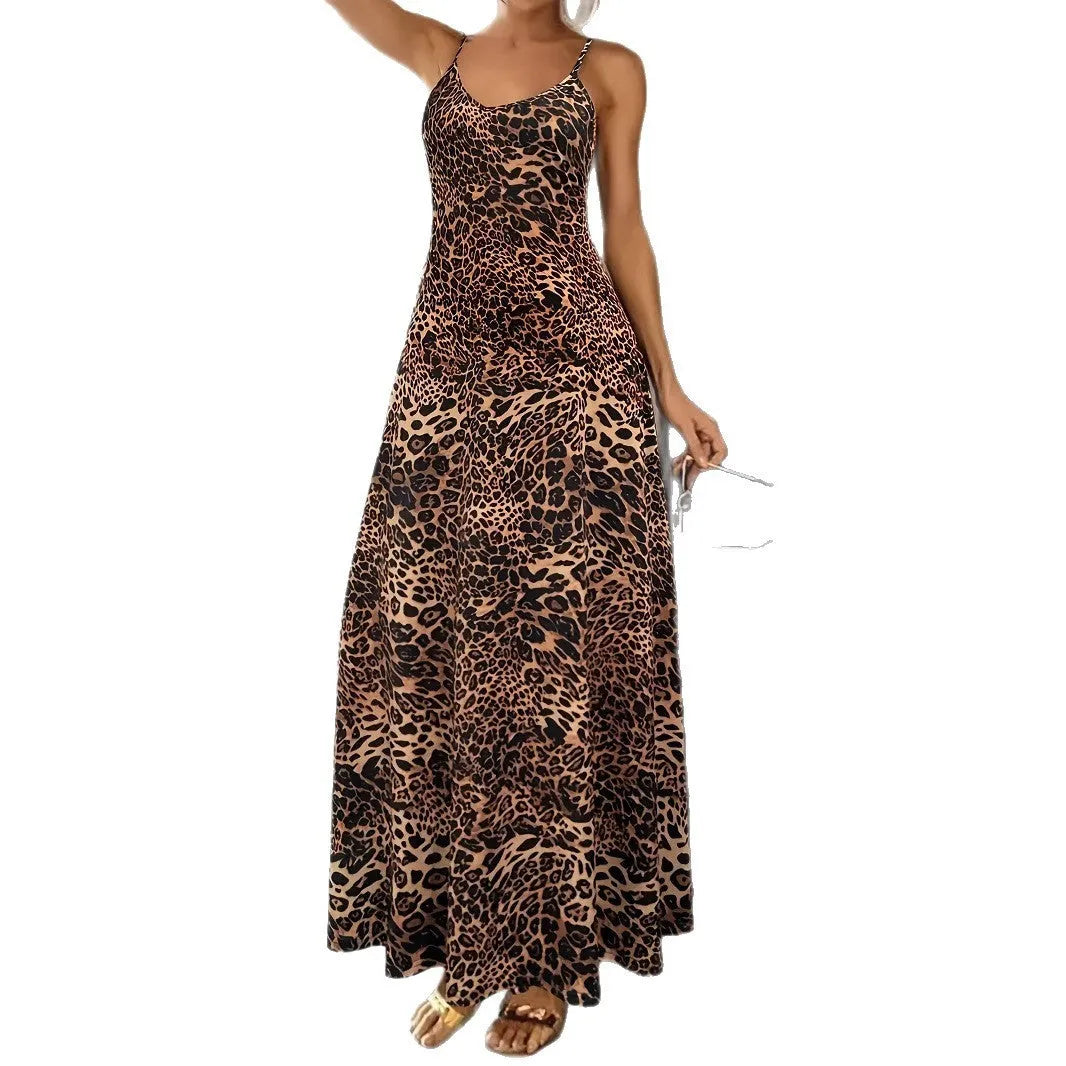 Dark brown leopard print sleeveless dress with round neck and mid-waist hip skirt silhouette