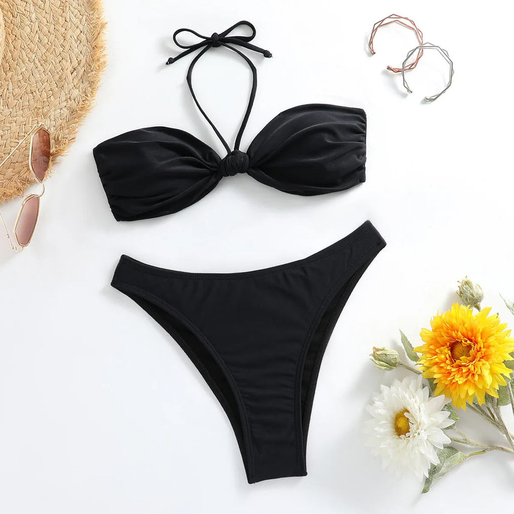 Black women's bikini set with lace-up tube top and matching briefs swimwear