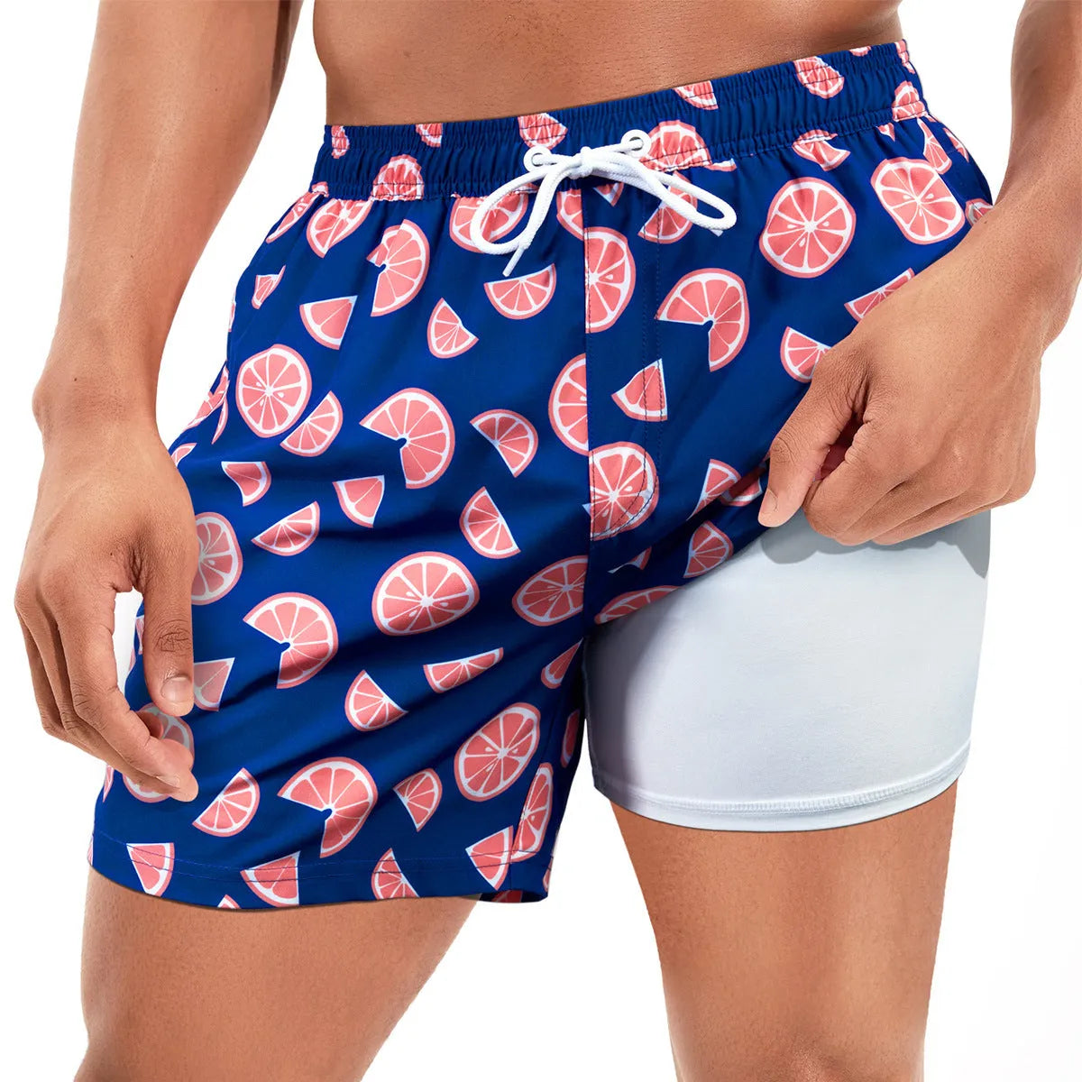 Men's loose fit boxer swimming trunks in spandex fabric with multiple pattern options
