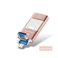 Universal three-in-one USB flash drive with metal body, shown in gold, rose gold, silver, or black, 8GB to 256GB.