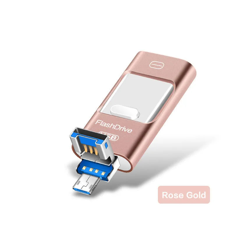 Universal three-in-one USB flash drive with metal body, shown in gold, rose gold, silver, or black, 8GB to 256GB.