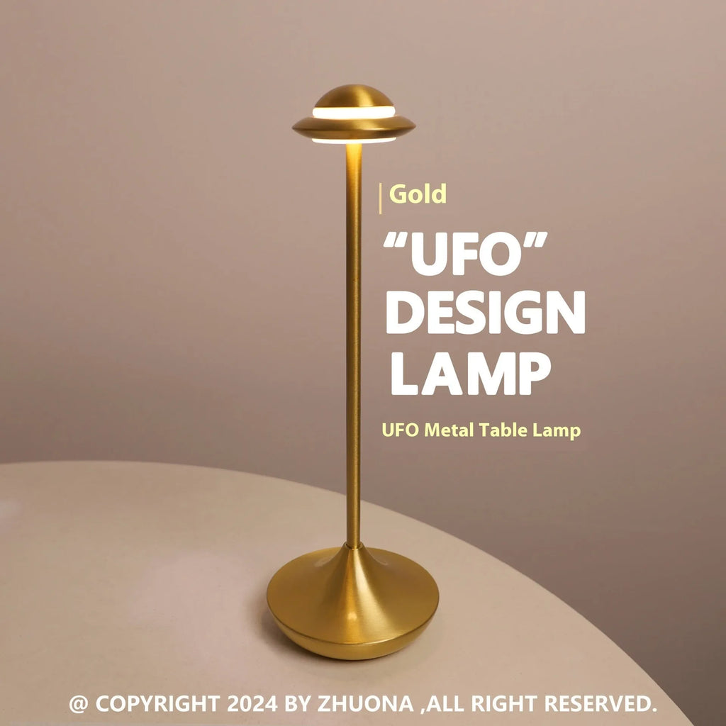Modern metal UFO-shaped desk lamp with touch dimming, shown in grey finish.