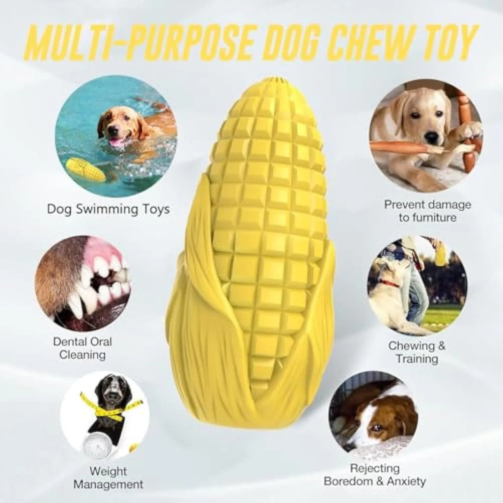 Blue and yellow corn-shaped durable dog chew toy for large breeds on a white background.