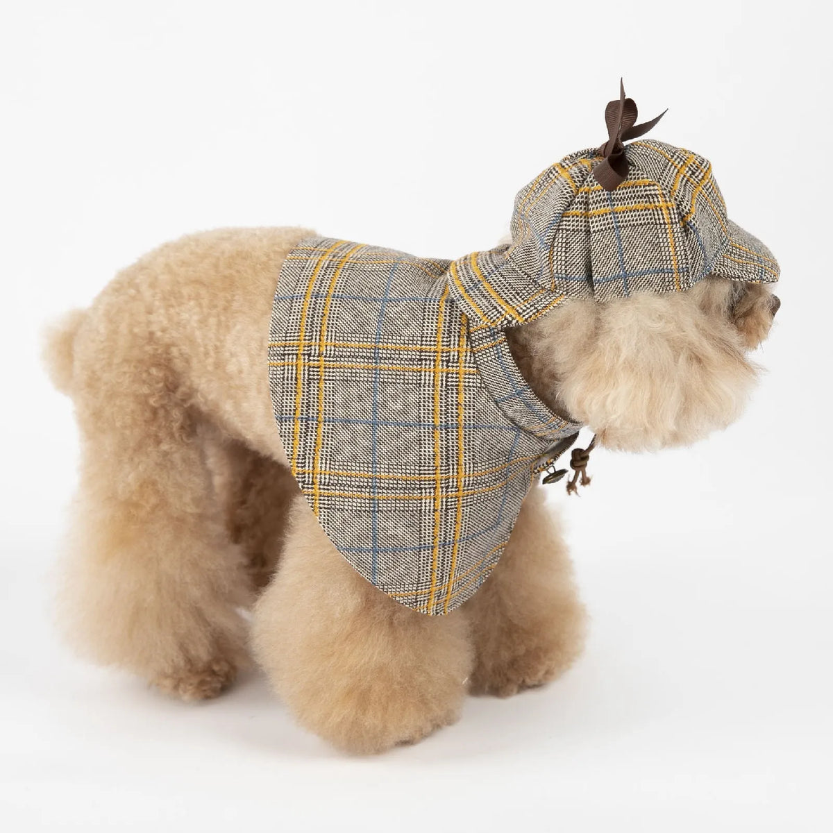 Camel coloured cotton pet cloak with adjustable hat for dogs, showing size options from S to 3XL