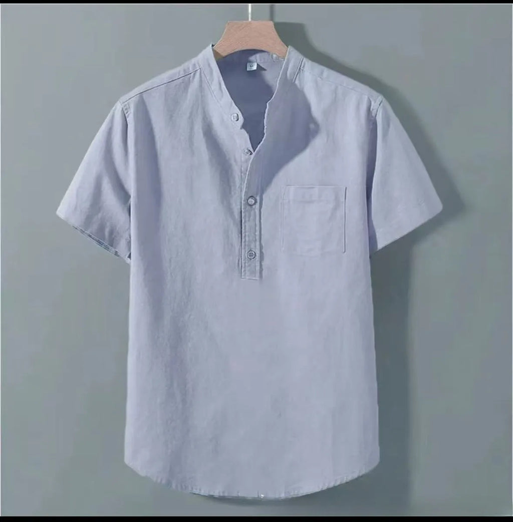 Men's beige casual linen shirt with stand collar and short sleeves on a hanger.