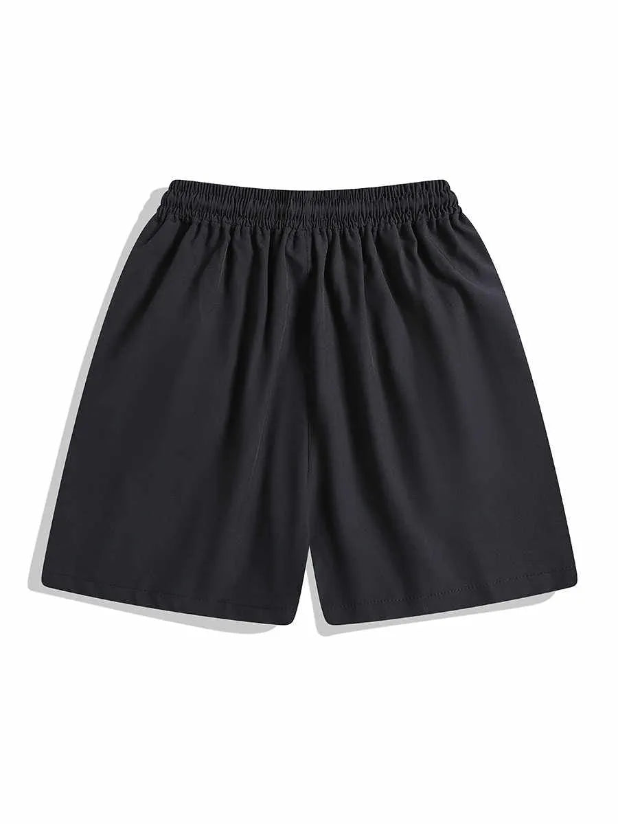 Men's black quick-drying sports shorts with elastic waistband and loose straight-leg design