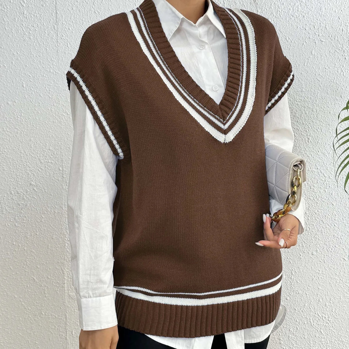 Women's college style acrylic wool vest sweater in loose fit pullover design