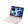 Black Bluetooth keyboard with rotating hinge for iPad, showing backlit keys and compact design.