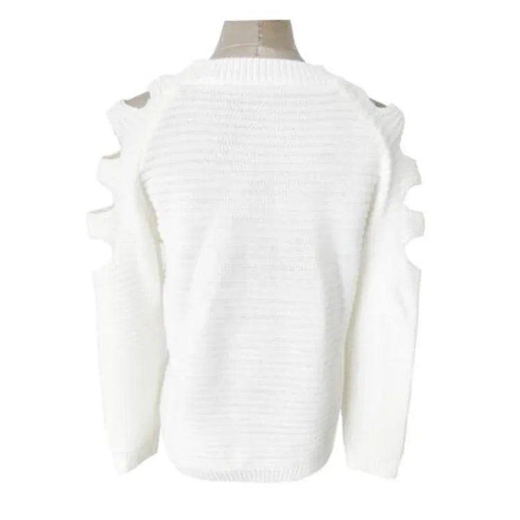 Women's solid colour knitted shirt with crocheted hollow-out design on round neck long sleeves