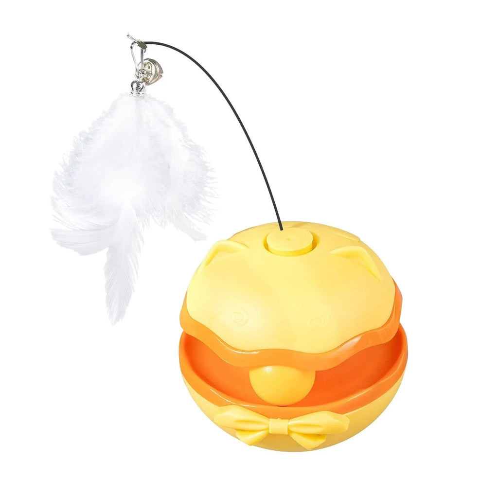 Electric self-righting cat toy tumbler in lemon yellow, sky blue, and soft fog grey colour options