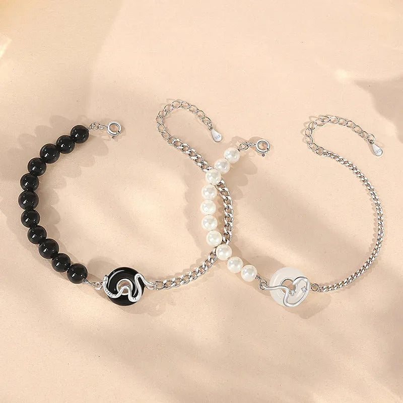 925 sterling silver bracelet with safe buckle, snake design, and obsidian pearl for men and women.