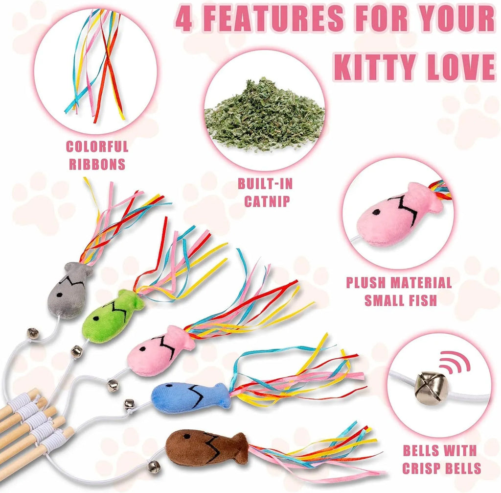 Cat wand toy with wooden handle, elastic string, catnip fish, colourful ribbons and metal bell