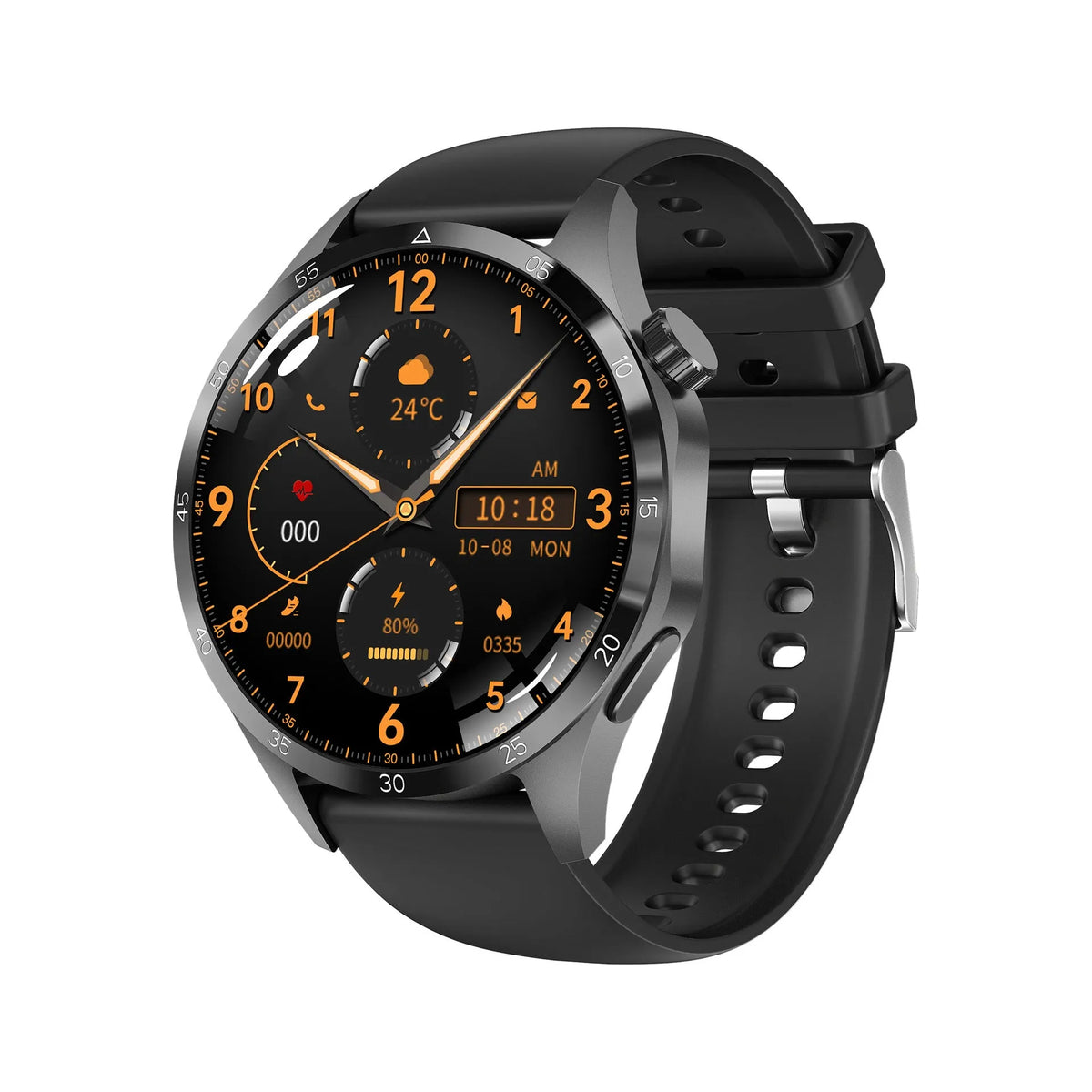 Black Bluetooth smartwatch with a TFT screen showing a heart rate graph, placed next to its charging cable.