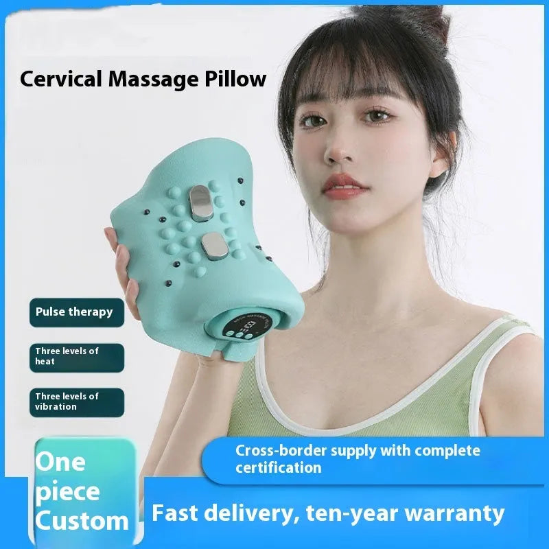 Blue-green portable EMS hot compress massage pillow for shoulder and neck relief