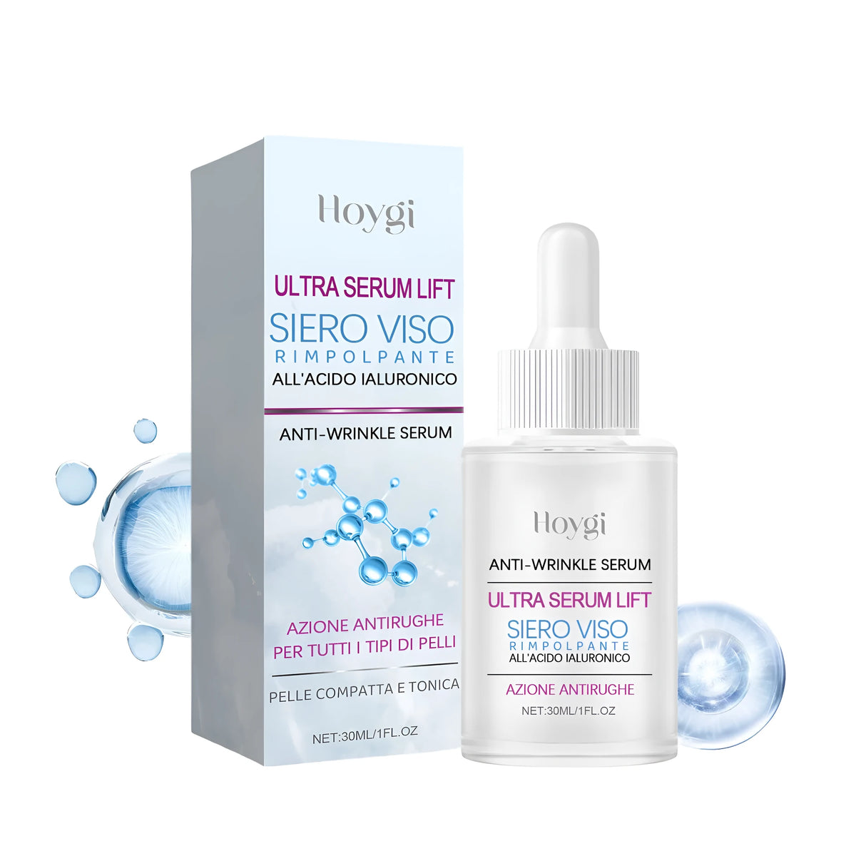 30ml bottle of transparent hyaluronic acid anti-wrinkle facial serum gel