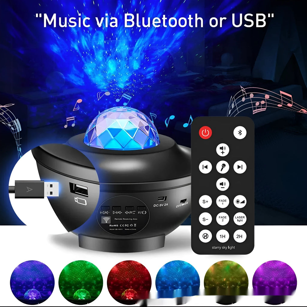 Black parallel style starry sky projection lamp with rotating water ripple laser effects