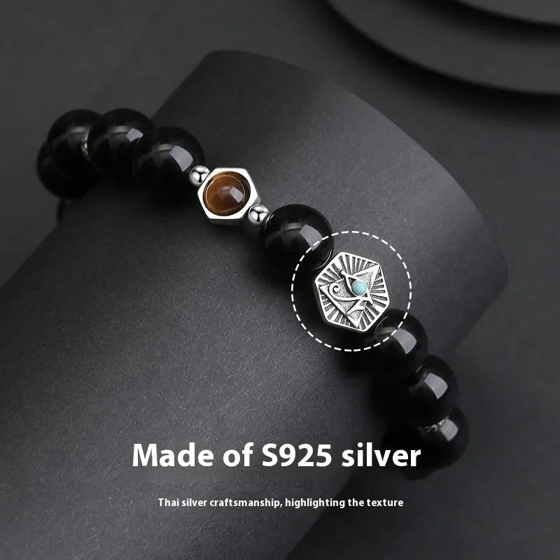 Men's S925 sterling silver bracelet with 8mm obsidian God's Eye geometric inlay.