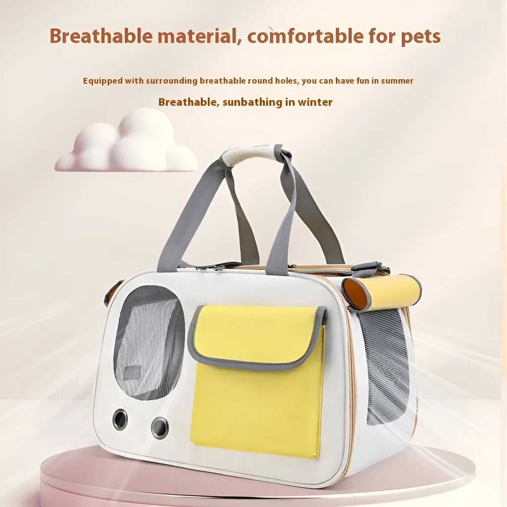 Canvas foldable single shoulder pet bag shown in yellow, green, and black colour options