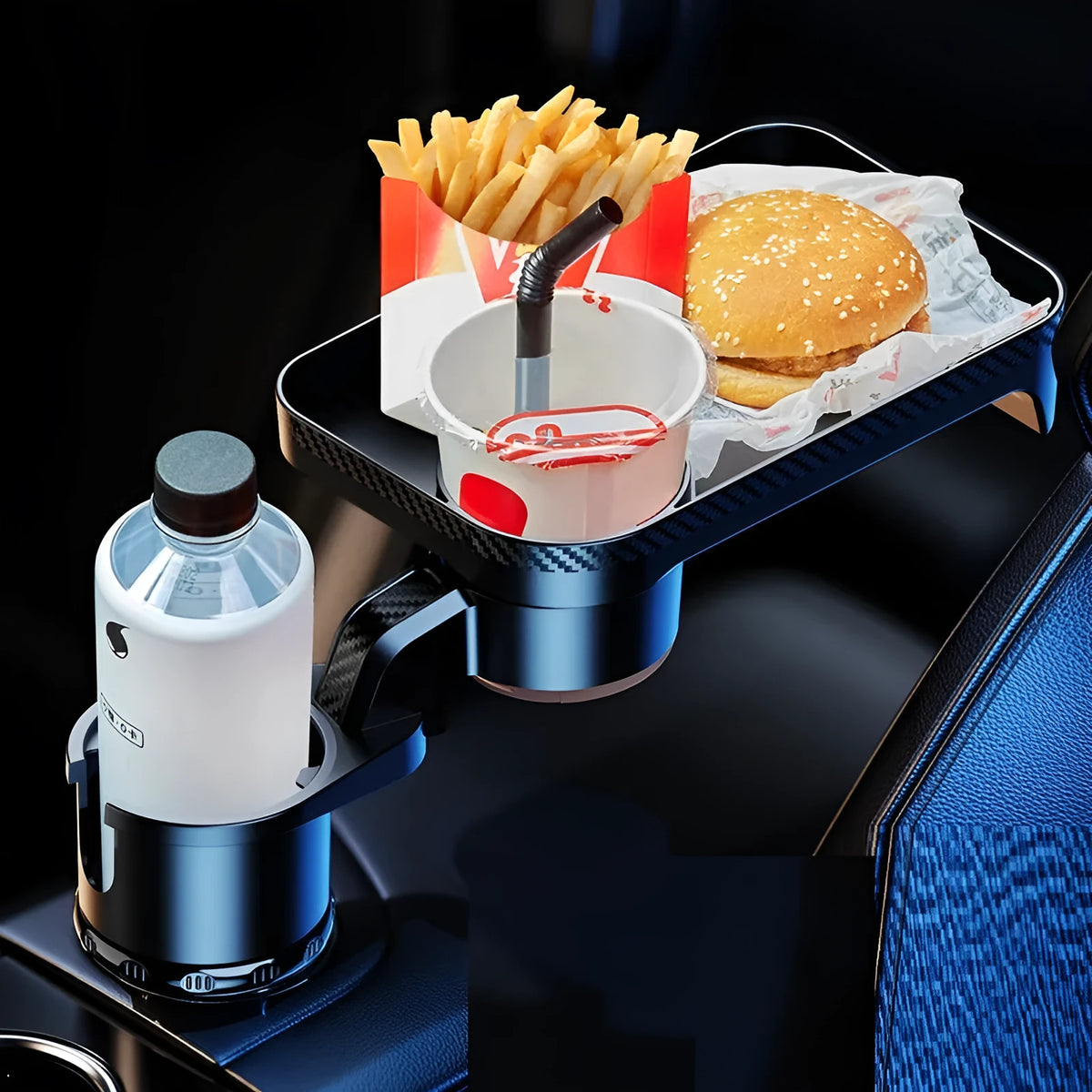 Black ABS plastic car cup holder with integrated rotating dinner tray, shown in a vehicle.
