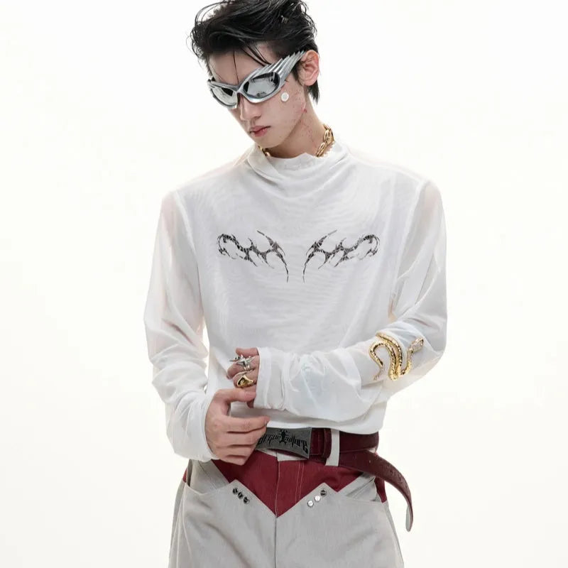 Black and white slim-fit long sleeve mesh bottoming shirt for men on a hanger.