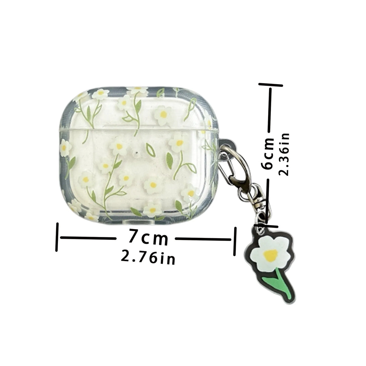 White floral decorative pattern on a high transparency TPU protective case for Apple AirPods.