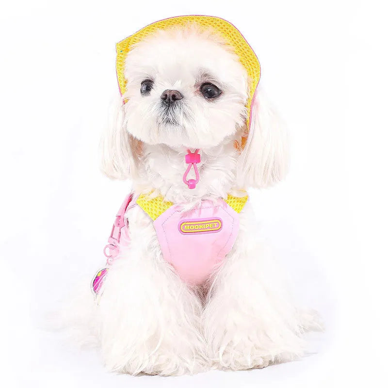 Pink polyester pet vest for a small dog on a mannequin, showing casual styling.