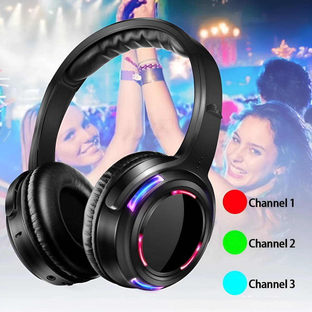 Black over-ear silent disco wireless headphones with a 3.5mm cable, shown on a head model.