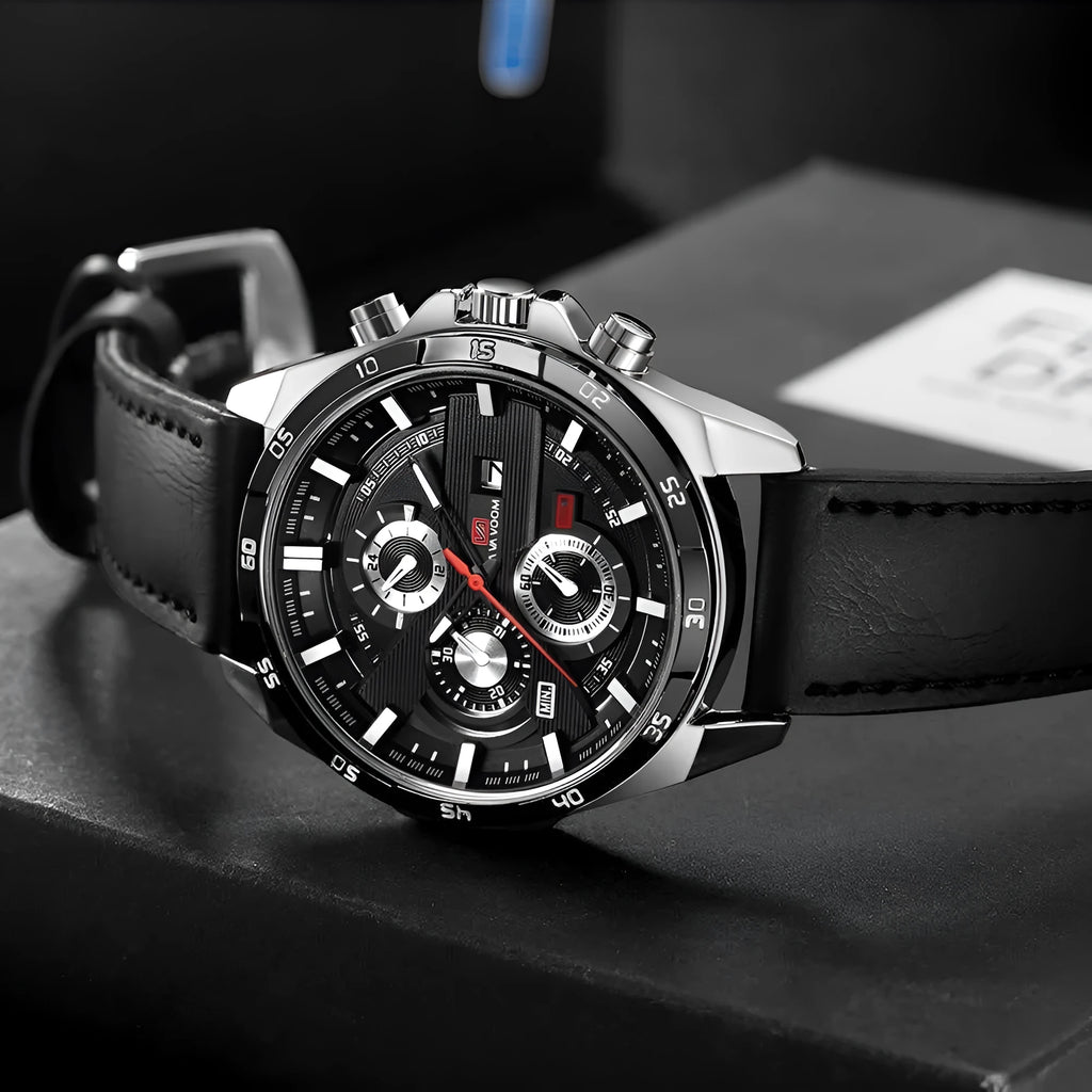 Men's casual quartz watch with calendar display on wrist, showing black belt and rose gold case colour option.