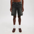 Men's loose straight-leg jeans in light blue denim on hanger