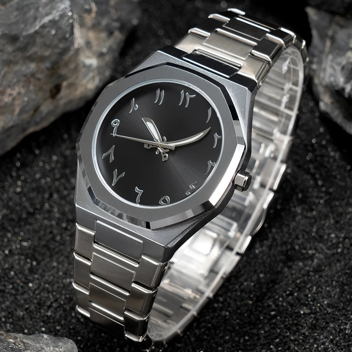 Business casual men's stainless steel quartz watch showing 10mm thickness and professional styling