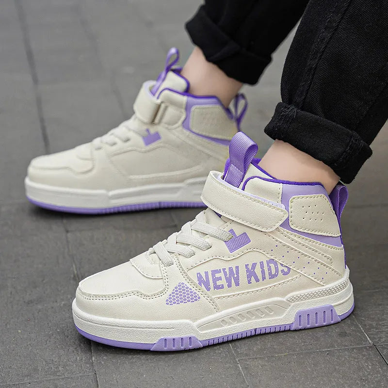 Children's beige green outdoor sneakers with buckle closure and rubber sole